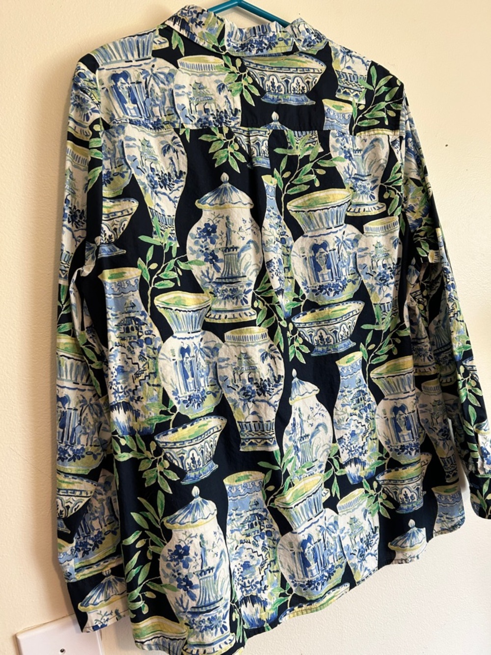 Talbots Navy Button-Front Shirt with Blue, White & Green Vase Print - Picture 6 of 7